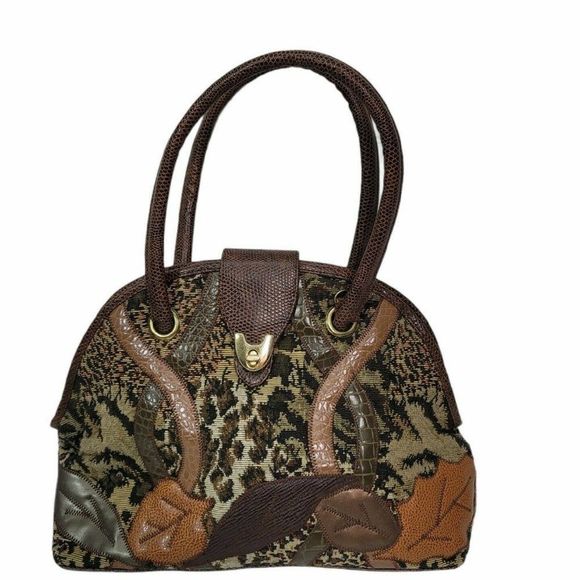 Vintage Carpetbags of America Leopard Animal Print Leaf Applique Large Purse‎ - Picture 1 of 12